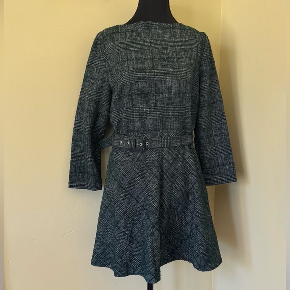 Zara Tweed Belted Fit & Flare Cropped Sleeve Mini Short Dress, Forest Green, Med - Picture 7 of 15